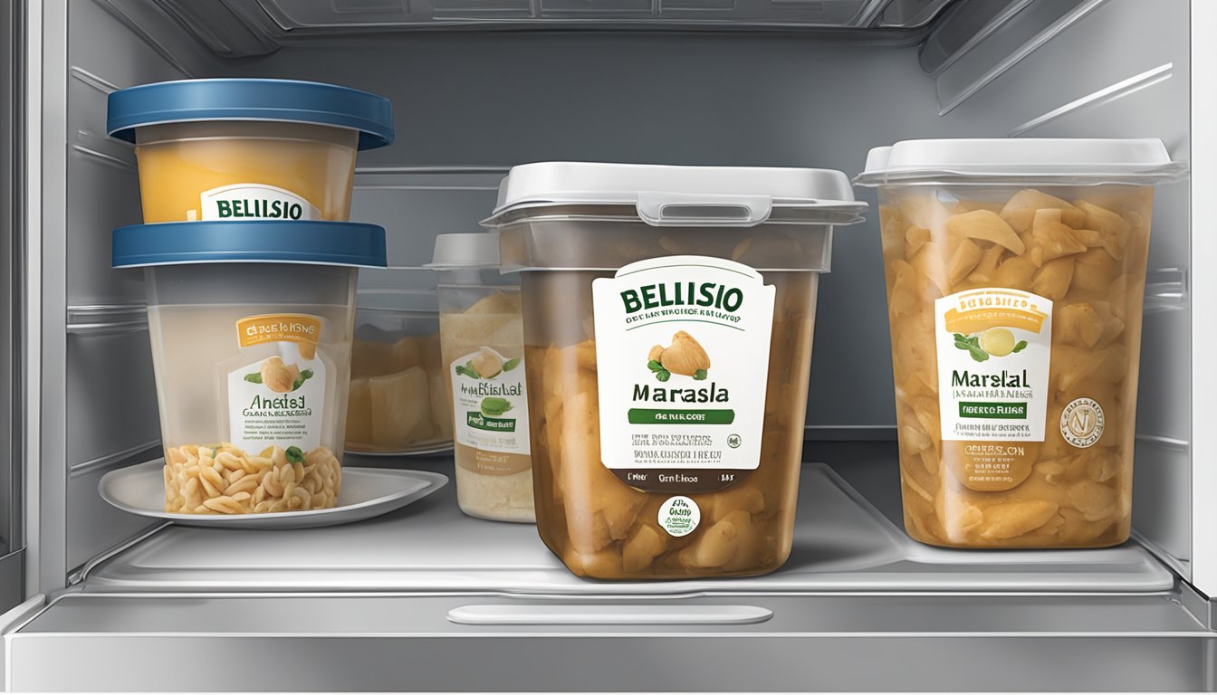 A sealed container of Bellisio Foods Chicken Marsala sits in the refrigerator next to other leftovers. The date on the label indicates when it was prepared