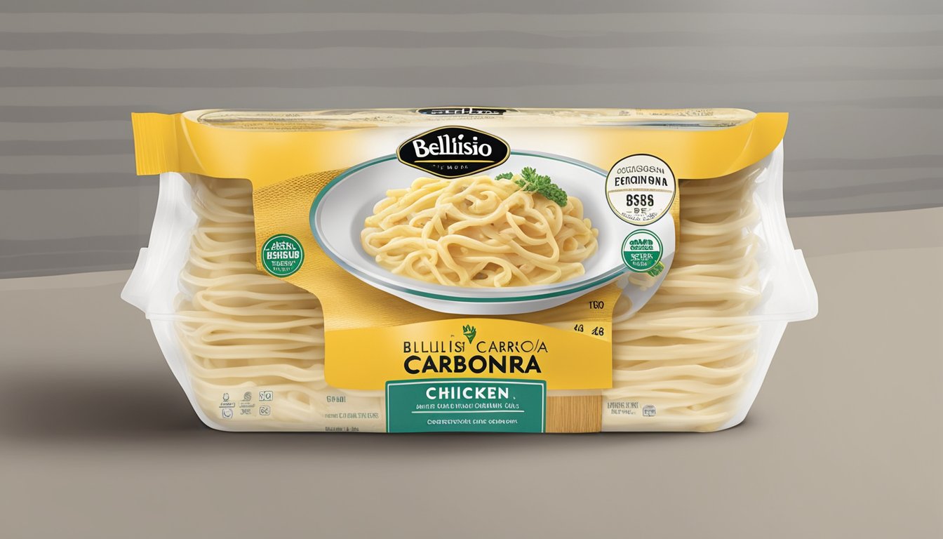 A sealed package of Bellisio Foods chicken carbonara sits on a kitchen shelf. The expiration date is visible on the packaging