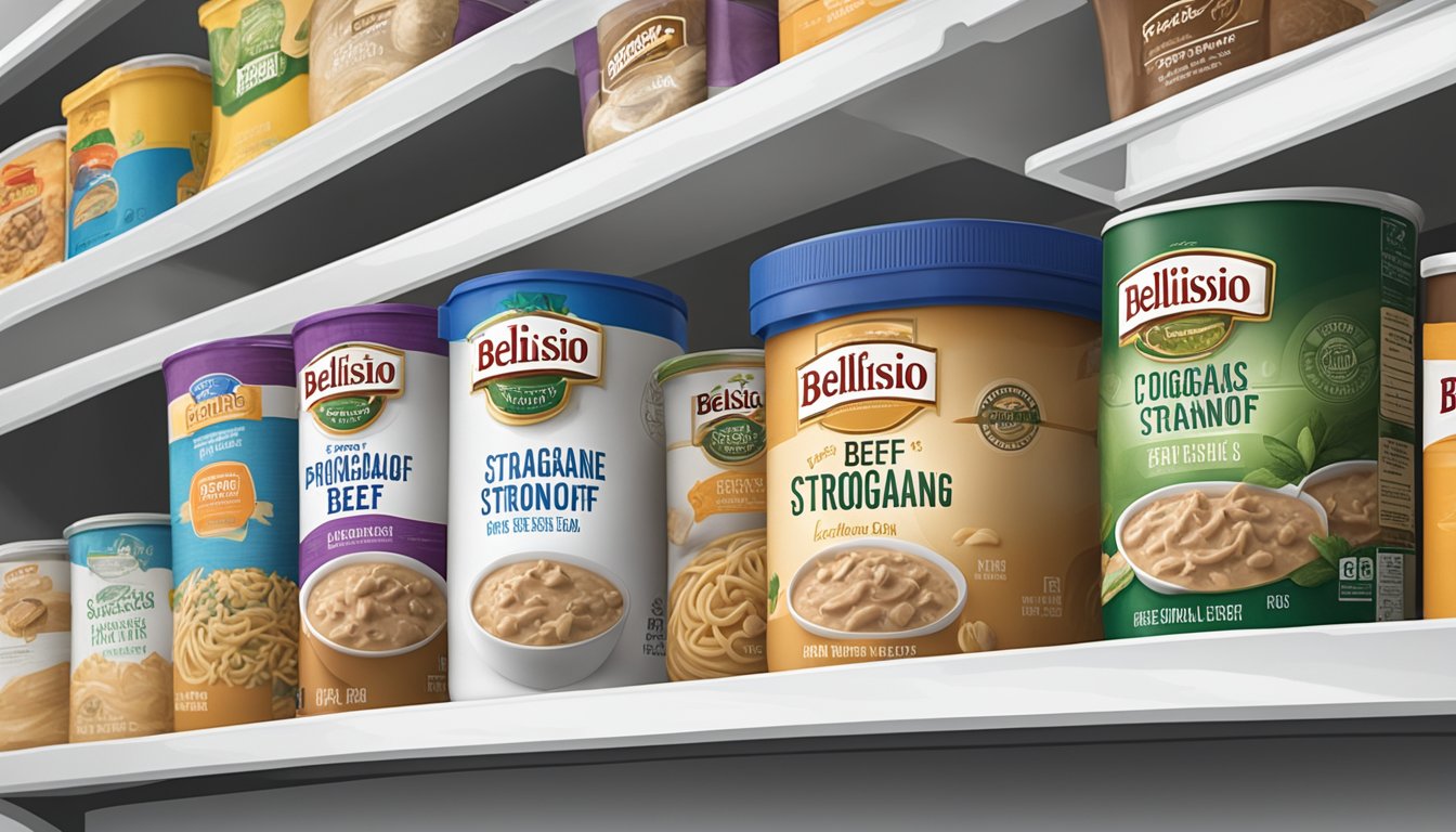 A sealed package of Bellisio Foods beef stroganoff sits on a pantry shelf, surrounded by other non-perishable items. The expiration date is clearly visible on the packaging