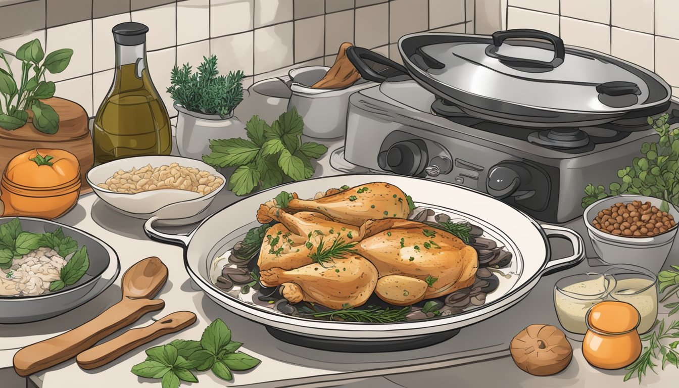 A steaming plate of Chicken Marsala sits on a kitchen counter, surrounded by herbs and spices. A timer is set for reheating