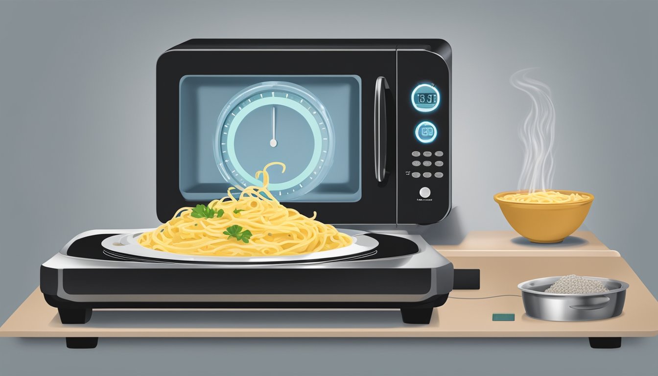 A microwave timer counting down as a steaming bowl of chicken carbonara rotates on the turntable