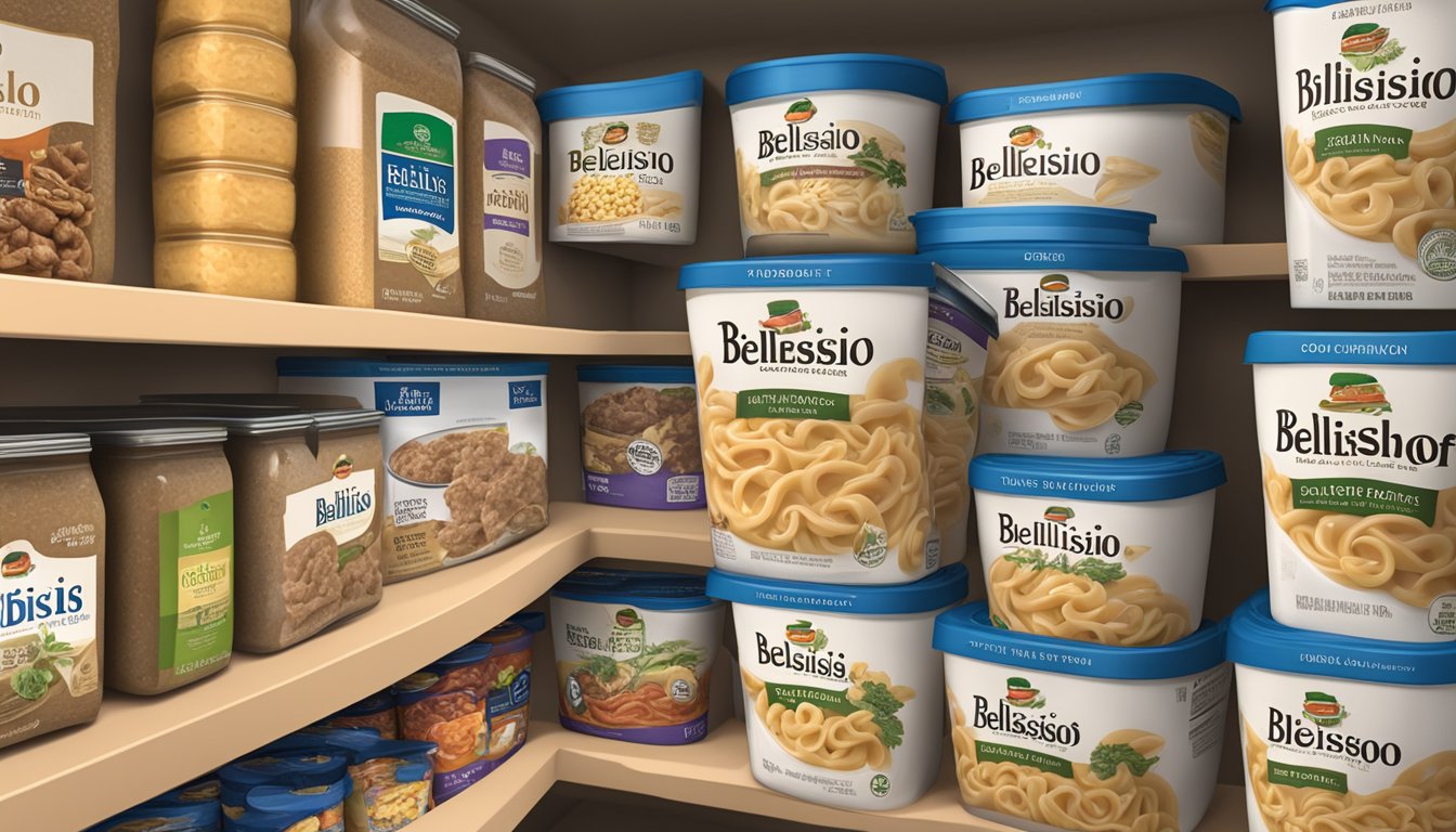 A sealed package of Bellisio Foods beef stroganoff sits on a pantry shelf, surrounded by other non-perishable items