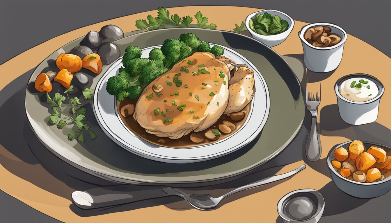 A steaming plate of Chicken Marsala with mushrooms and a side of roasted vegetables, garnished with fresh parsley