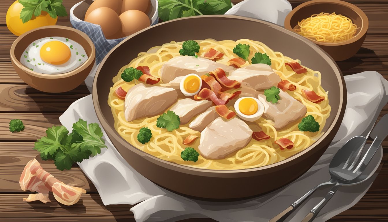 A steaming bowl of chicken carbonara sits on a rustic wooden table, surrounded by fresh ingredients like eggs, cheese, and bacon