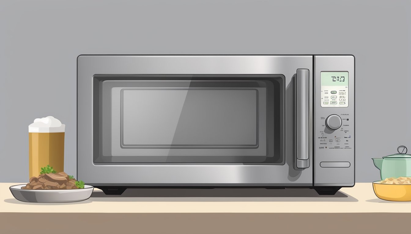 A microwave with a steaming plate of beef stroganoff inside, a timer set for reheating