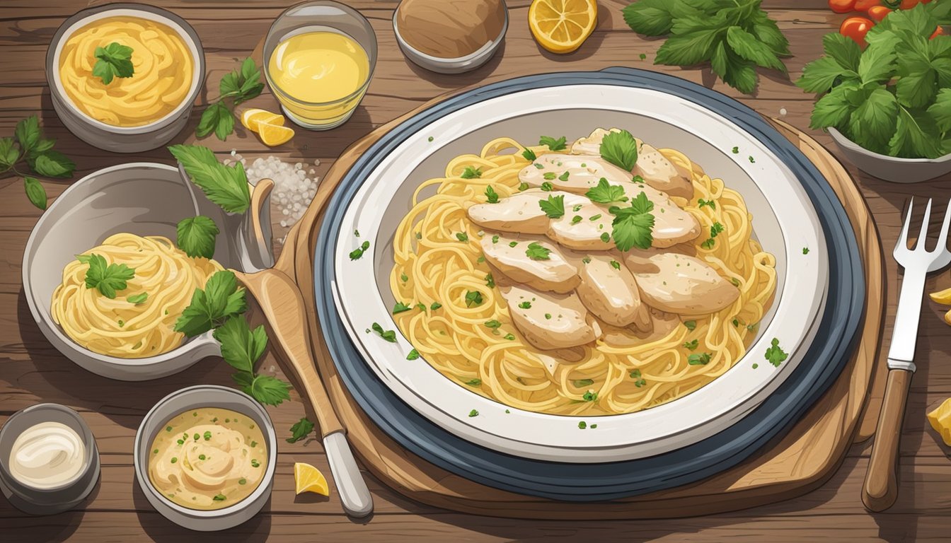 A steaming plate of Chicken Carbonara sits on a rustic wooden table, surrounded by fresh ingredients and cooking utensils