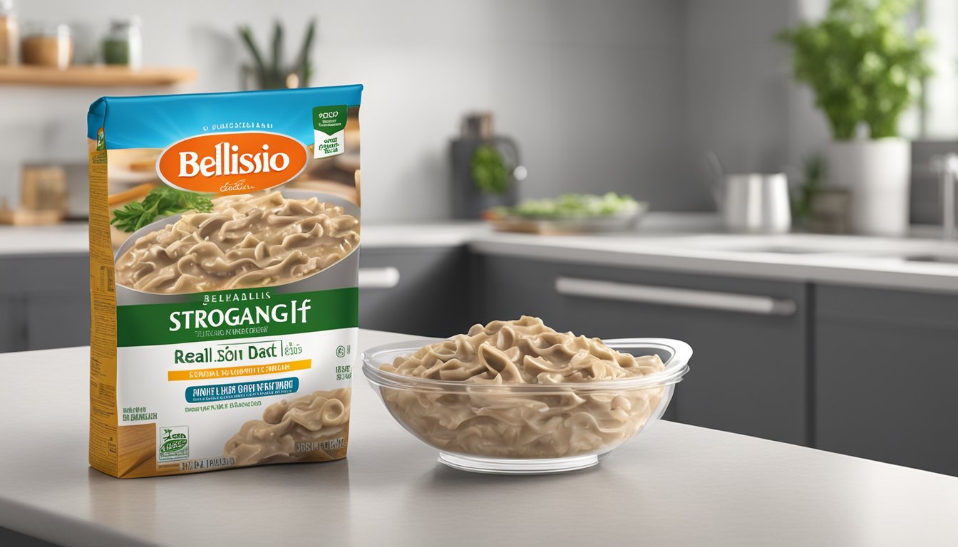 A sealed package of Bellisio Foods beef stroganoff sits on a kitchen counter, with a clear expiration date visible on the packaging