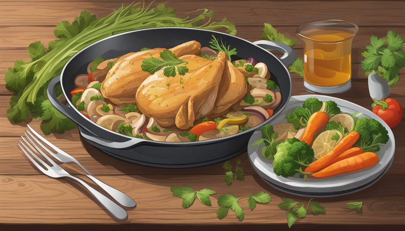 A steaming plate of Chicken Marsala sits on a rustic wooden table, surrounded by colorful vegetables and herbs