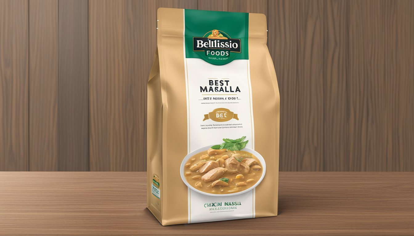 A sealed Bellisio Foods Chicken Marsala package sits in a pantry with a "best by" date visible