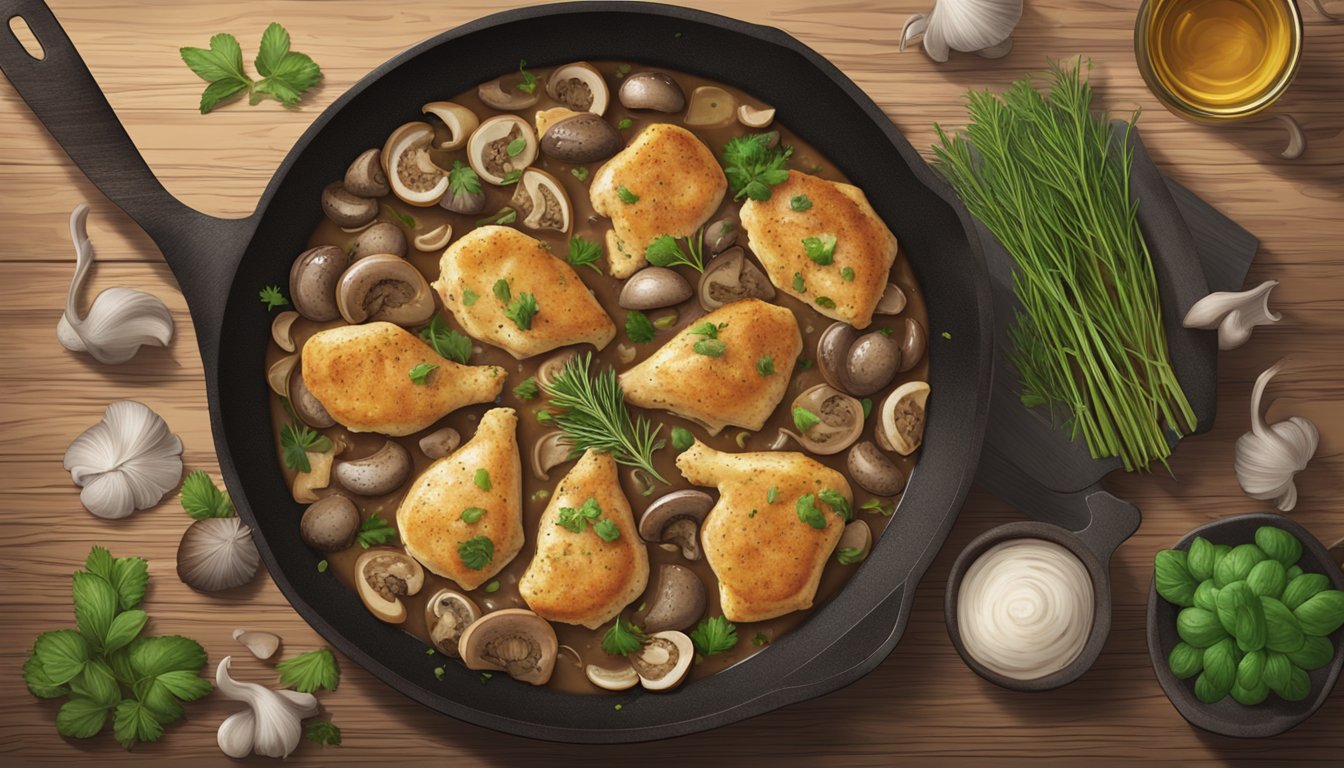 A sizzling skillet of Chicken Marsala surrounded by fresh herbs and mushrooms on a rustic wooden table