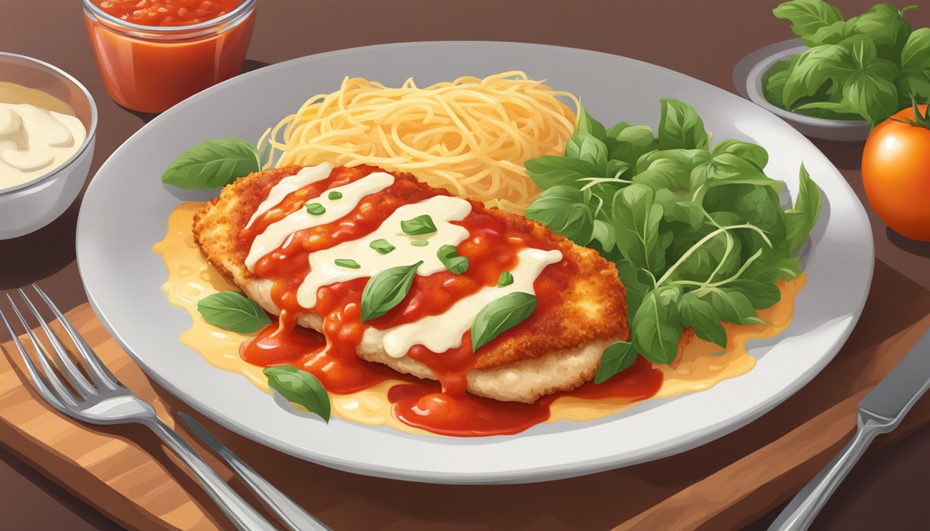 A delicious Chicken Parmesan dish sits on a clean plate, surrounded by vibrant tomato sauce and melted cheese