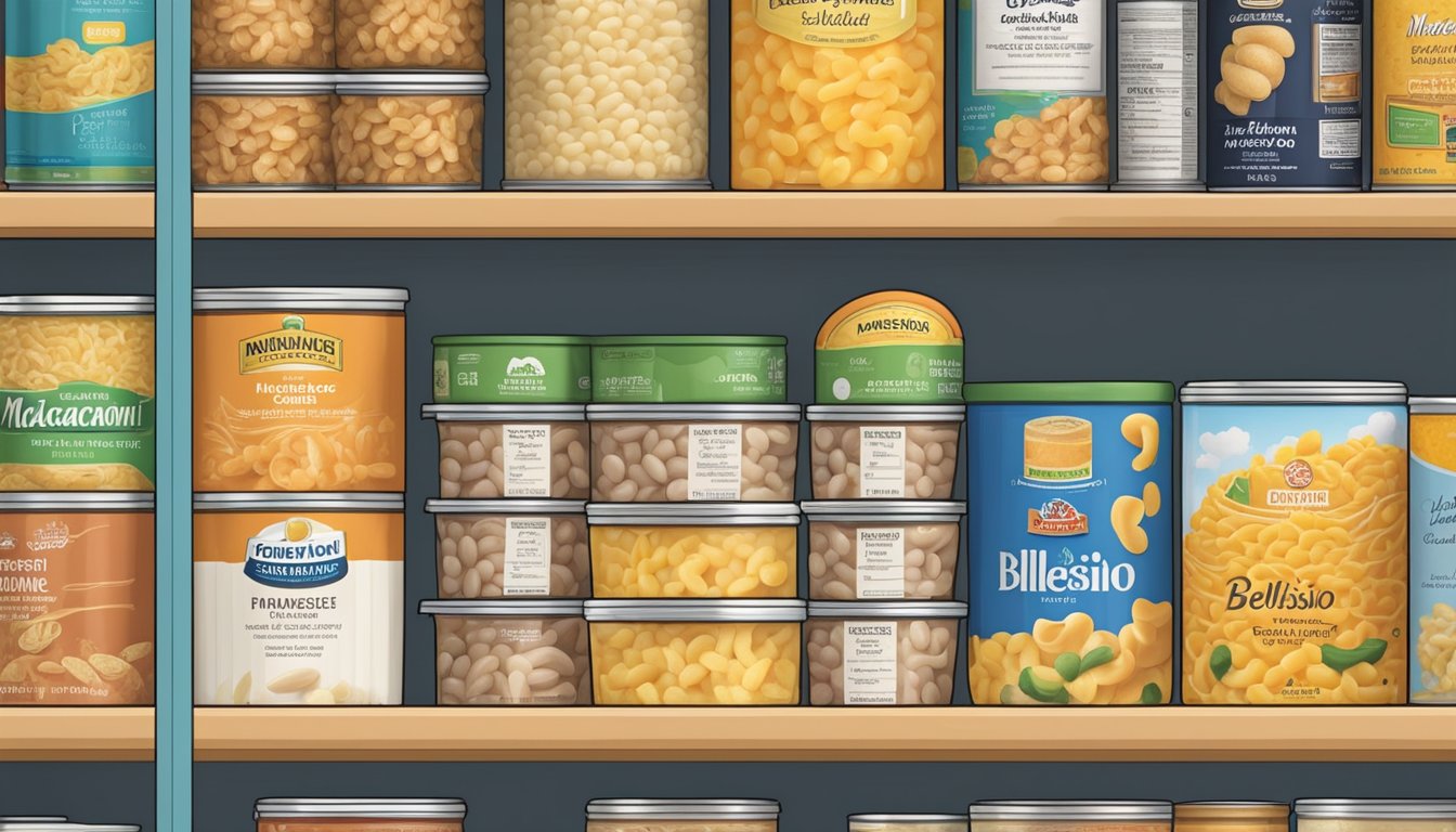 A pantry stocked with neatly organized shelves of canned and packaged foods, including Bellisio Foods macaroni and cheese, with expiration dates clearly labeled