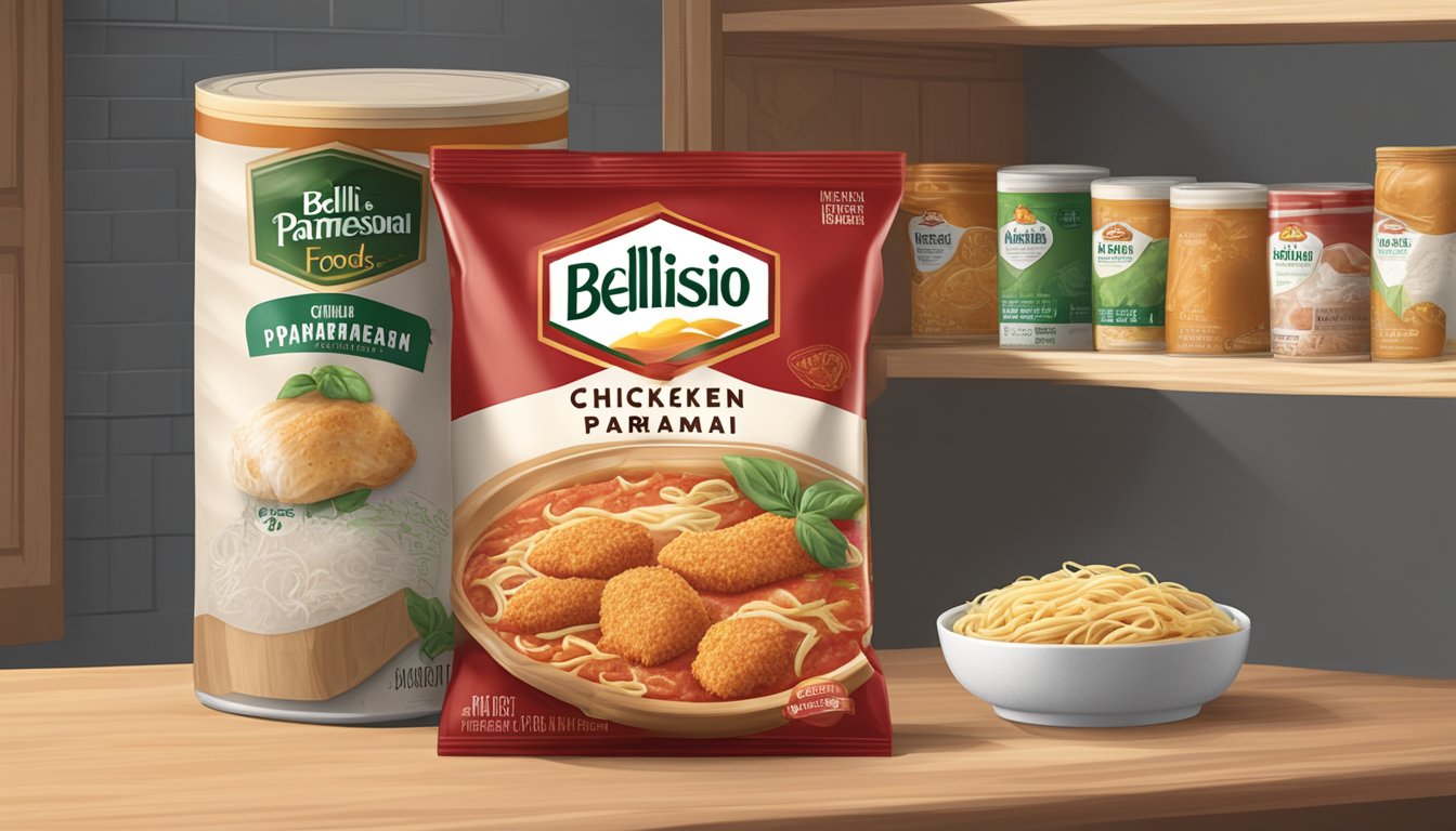 A sealed package of Bellisio Foods chicken parmesan sits in a cool, dry pantry, away from direct sunlight and heat sources