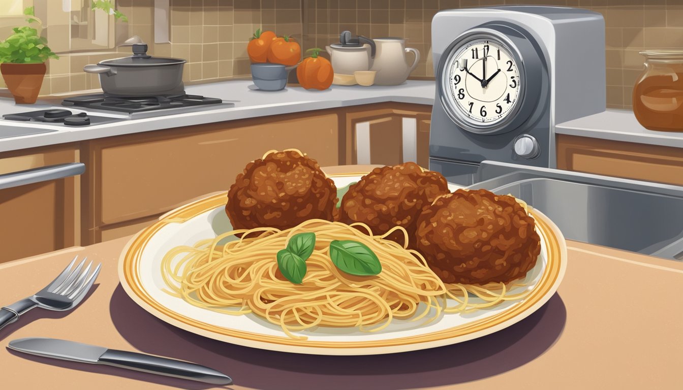 A plate of spaghetti and meatballs sits on a kitchen counter, surrounded by a calendar and a clock, indicating the passage of time