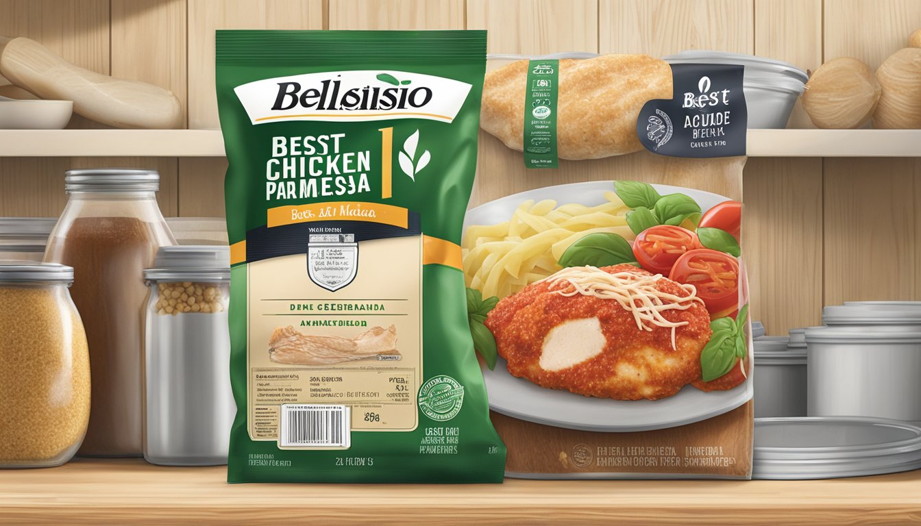 A sealed Bellisio Foods chicken parmesan package sits on a shelf, surrounded by fresh ingredients and a "best by" date label