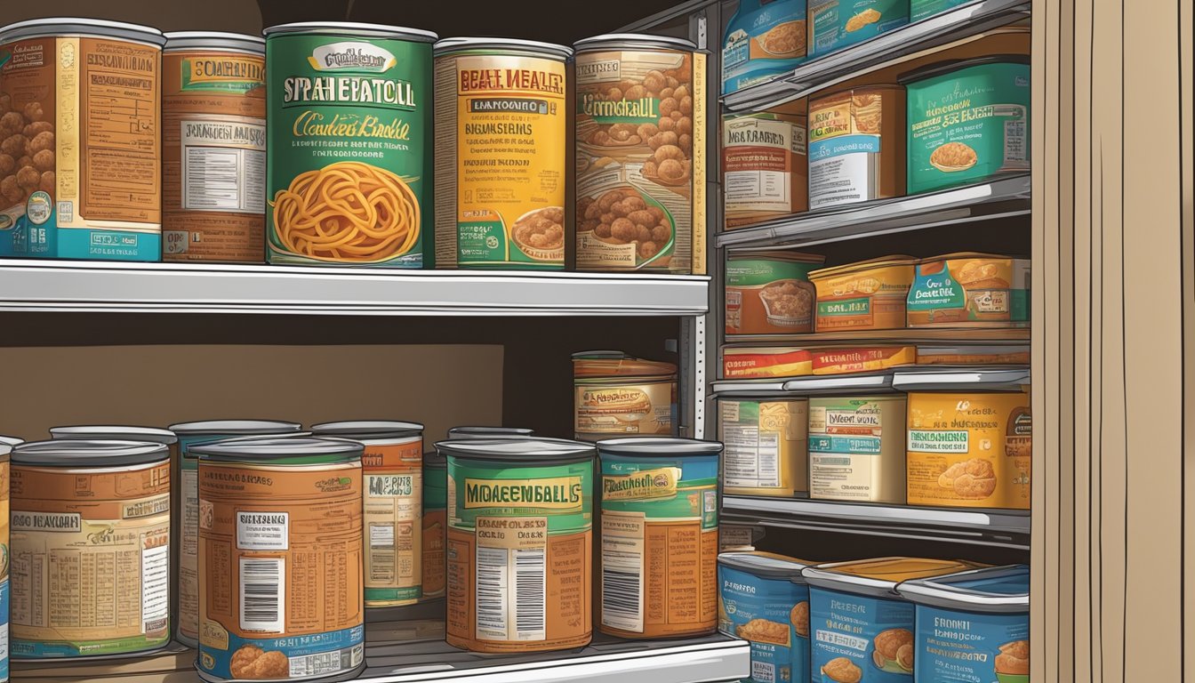 A pantry shelf with neatly organized canned spaghetti and meatballs, labeled with expiration dates