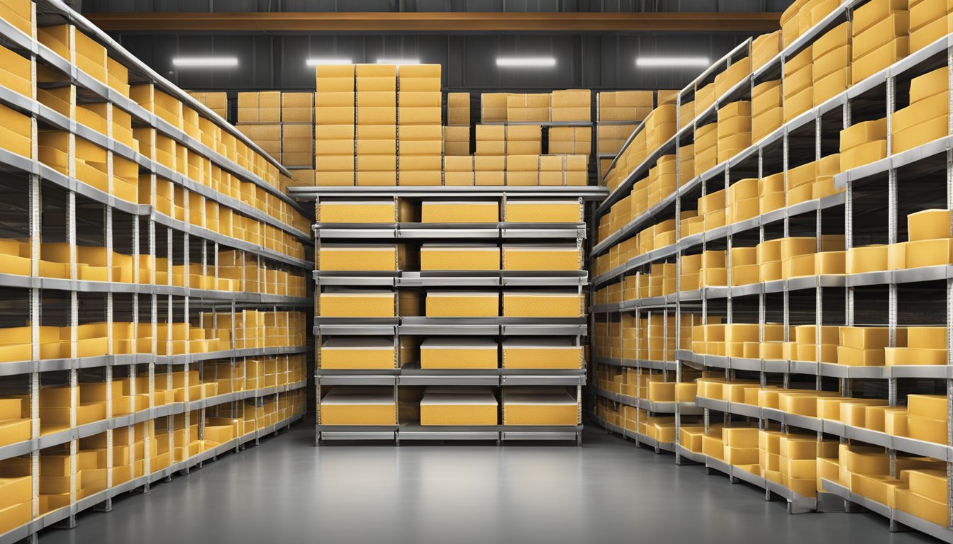 A stack of Bellisio Foods macaroni and cheese boxes, neatly organized on metal shelves in a spacious warehouse