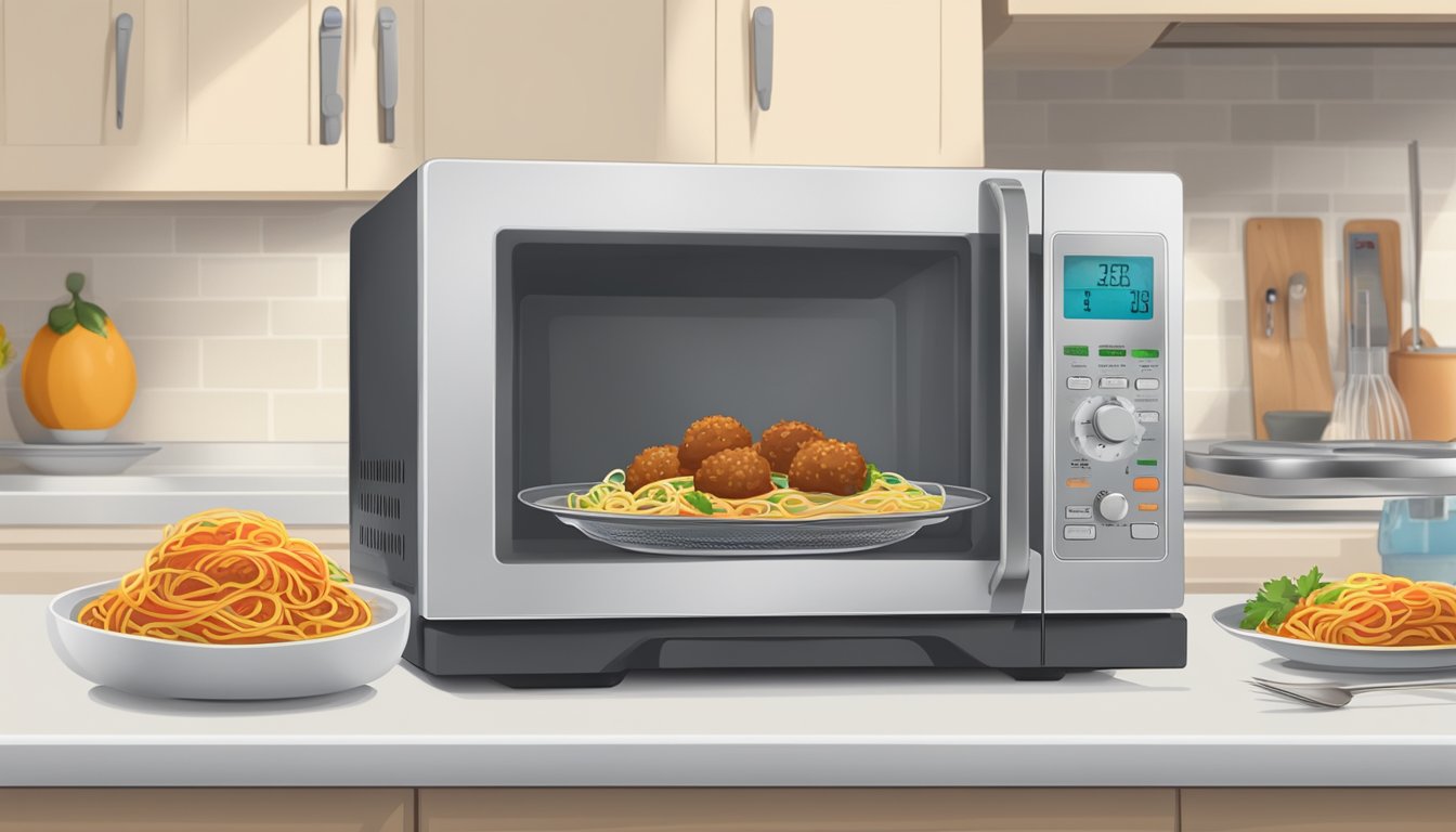 A microwave with a plate of spaghetti and meatballs inside, a timer set for reheating, and a food thermometer nearby