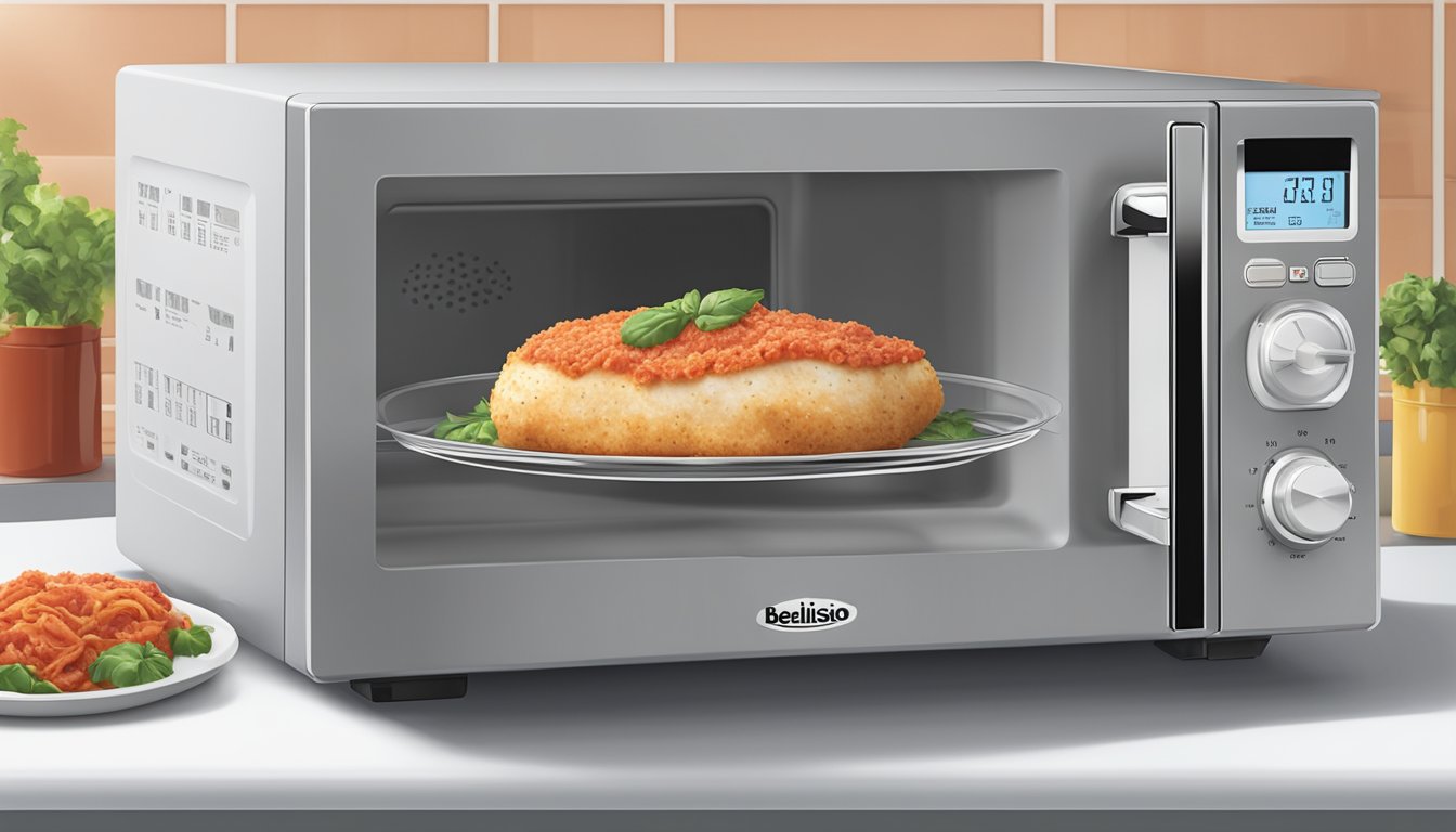 A microwave with a plate of Bellisio Foods chicken parmesan inside, with a timer set and steam rising from the dish