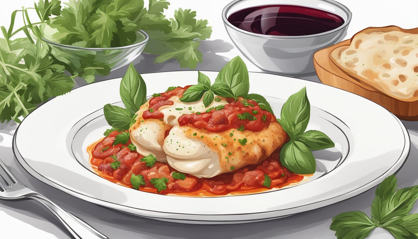 A steaming chicken parmesan dish on a white plate, surrounded by fresh herbs and a glass of red wine