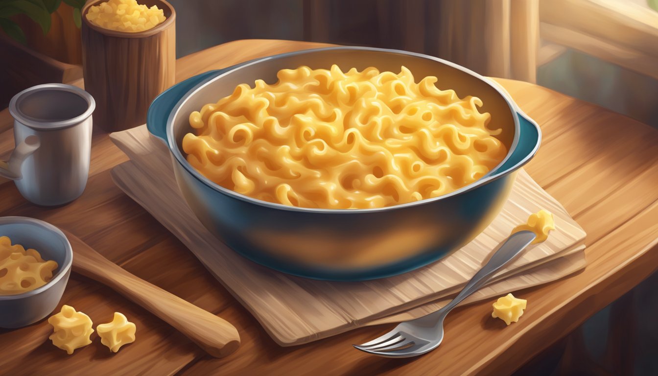 A steaming bowl of macaroni and cheese sits on a wooden table, surrounded by a cozy and inviting atmosphere