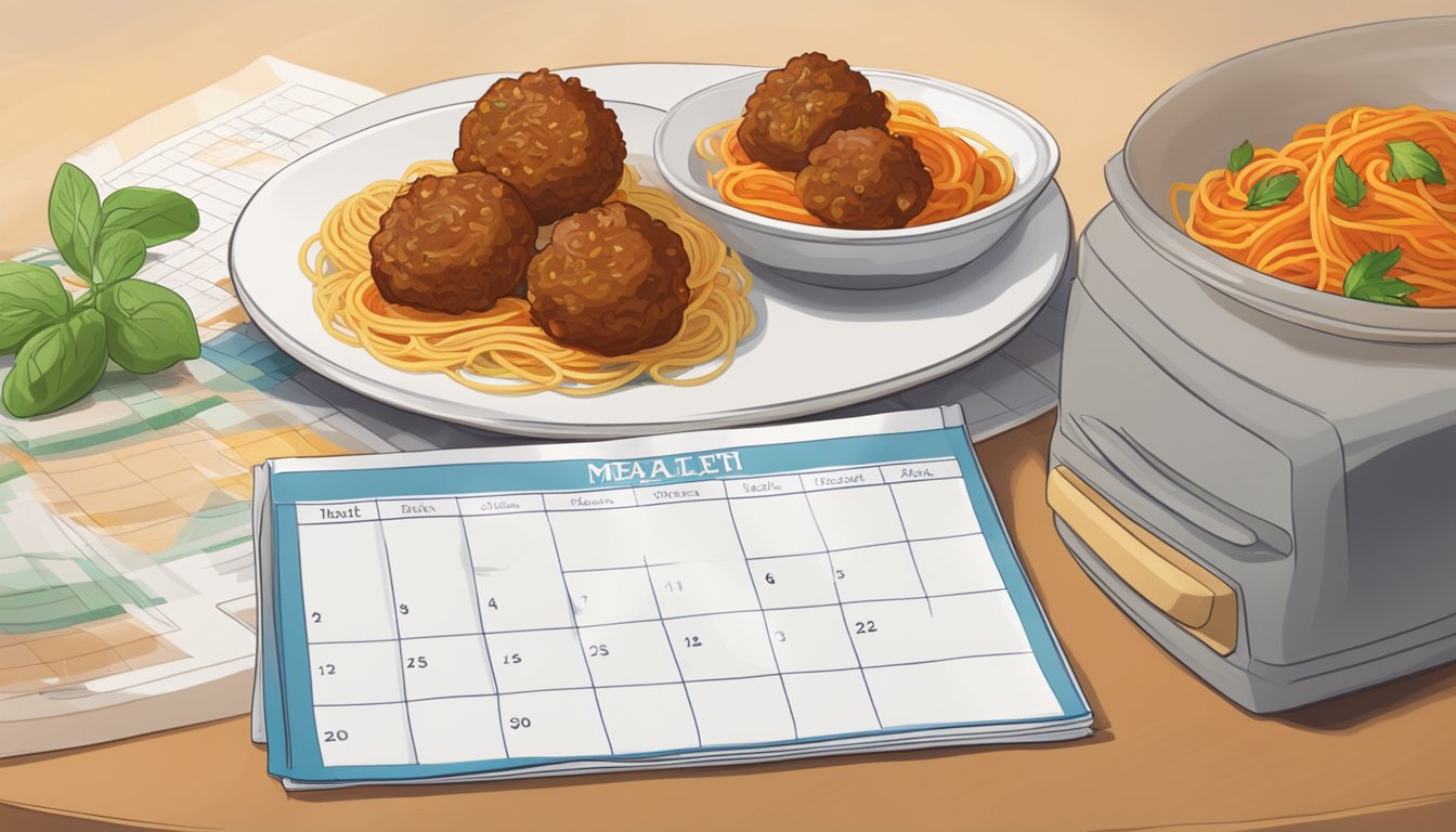 A plate of spaghetti and meatballs sits on a kitchen counter next to a calendar, indicating the date of preparation