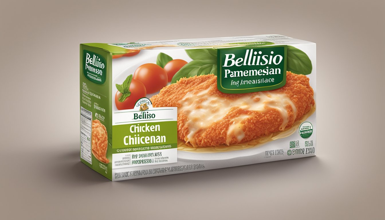 A sealed package of Bellisio Foods chicken parmesan sits in a refrigerator. The expiration date is clearly visible on the packaging