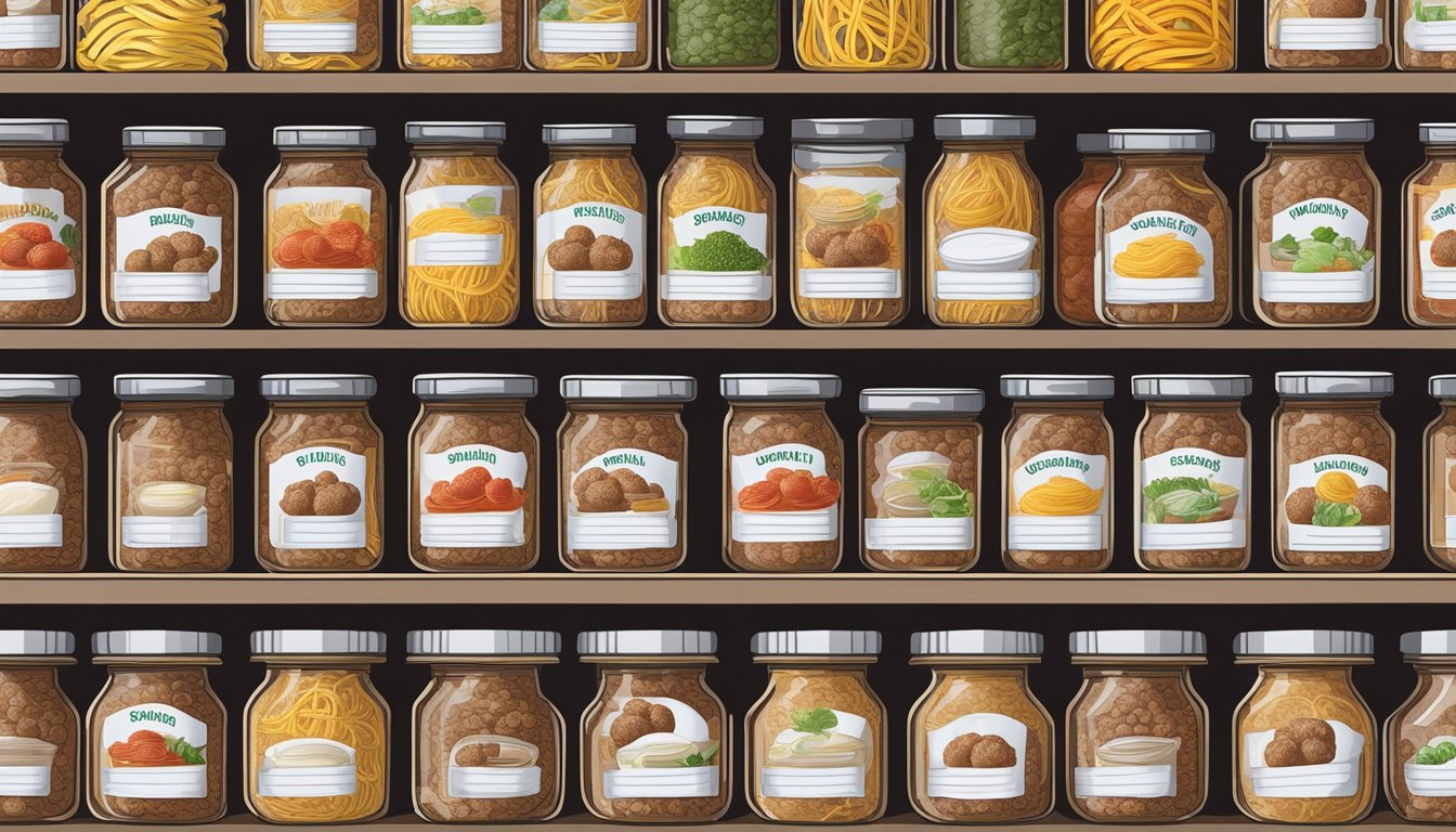 A pantry shelf with neatly organized jars of spaghetti and meatballs, sealed and labeled with expiration dates