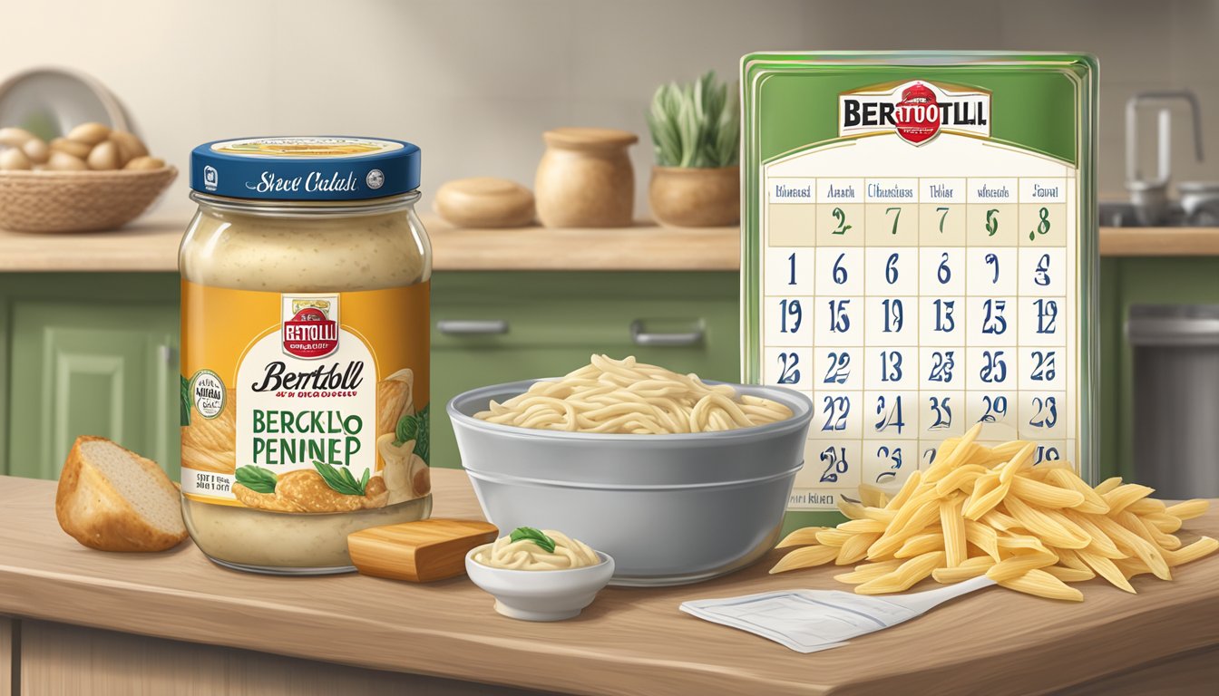 A kitchen shelf with a jar of Bertolli chicken alfredo penne, surrounded by a calendar, clock, and expiration date label