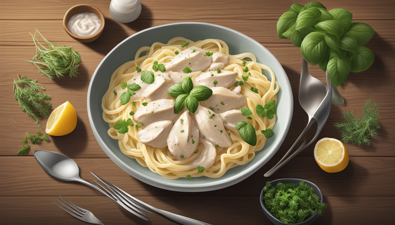 A steaming bowl of Bertolli chicken alfredo sits on a rustic wooden table, surrounded by fresh herbs and a fork