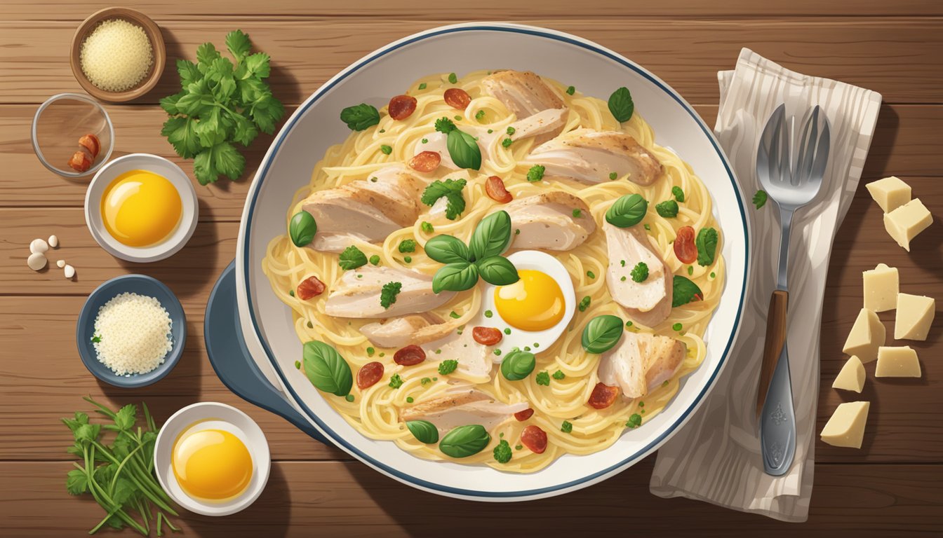 A steaming bowl of Bertolli Chicken Carbonara sits on a rustic wooden table, surrounded by fresh ingredients like eggs, bacon, and Parmesan cheese