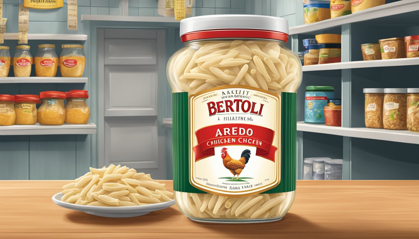 A jar of Bertolli Chicken Alfredo Penne sits on a shelf in a cool, dry pantry. A calendar on the wall indicates the date of purchase