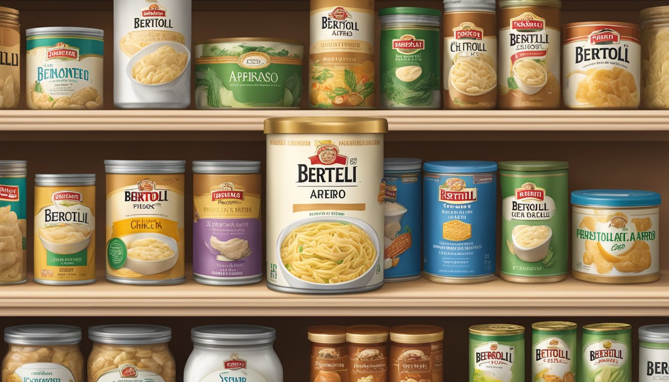 A jar of Bertolli Chicken Alfredo sits on a shelf in a pantry, surrounded by other canned and packaged goods