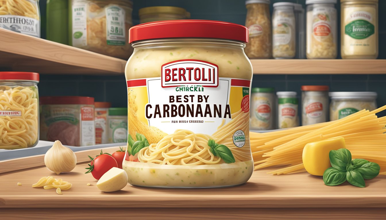 A jar of Bertolli chicken carbonara sits on a shelf with a "best by" date label. Nearby, fresh ingredients like chicken, pasta, and cheese are displayed