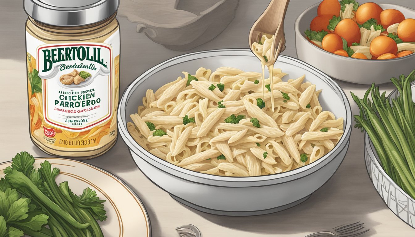 A jar of Bertolli Chicken Alfredo Penne sits open on a countertop, surrounded by wilted vegetables and a foul odor. The expiration date is clearly past due