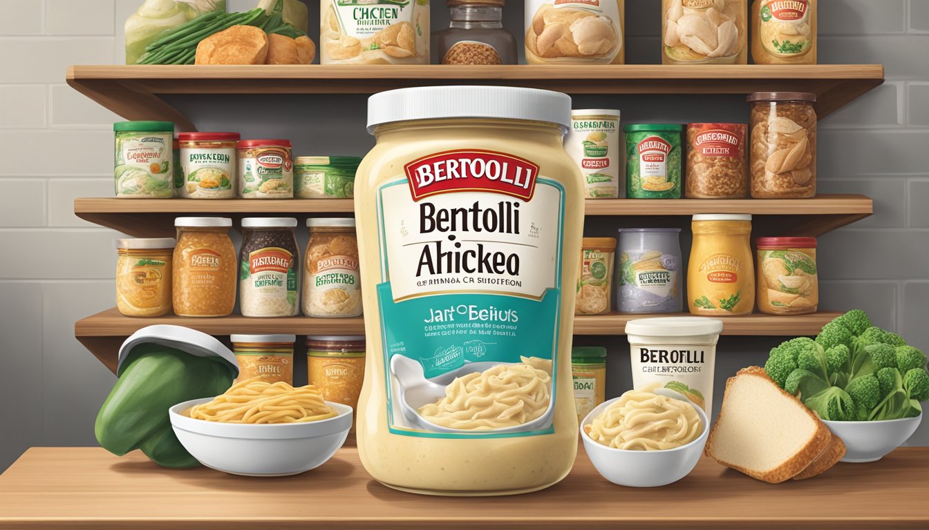 A jar of Bertolli Chicken Alfredo sits on a shelf, surrounded by various food items. The expiration date is clearly displayed on the label