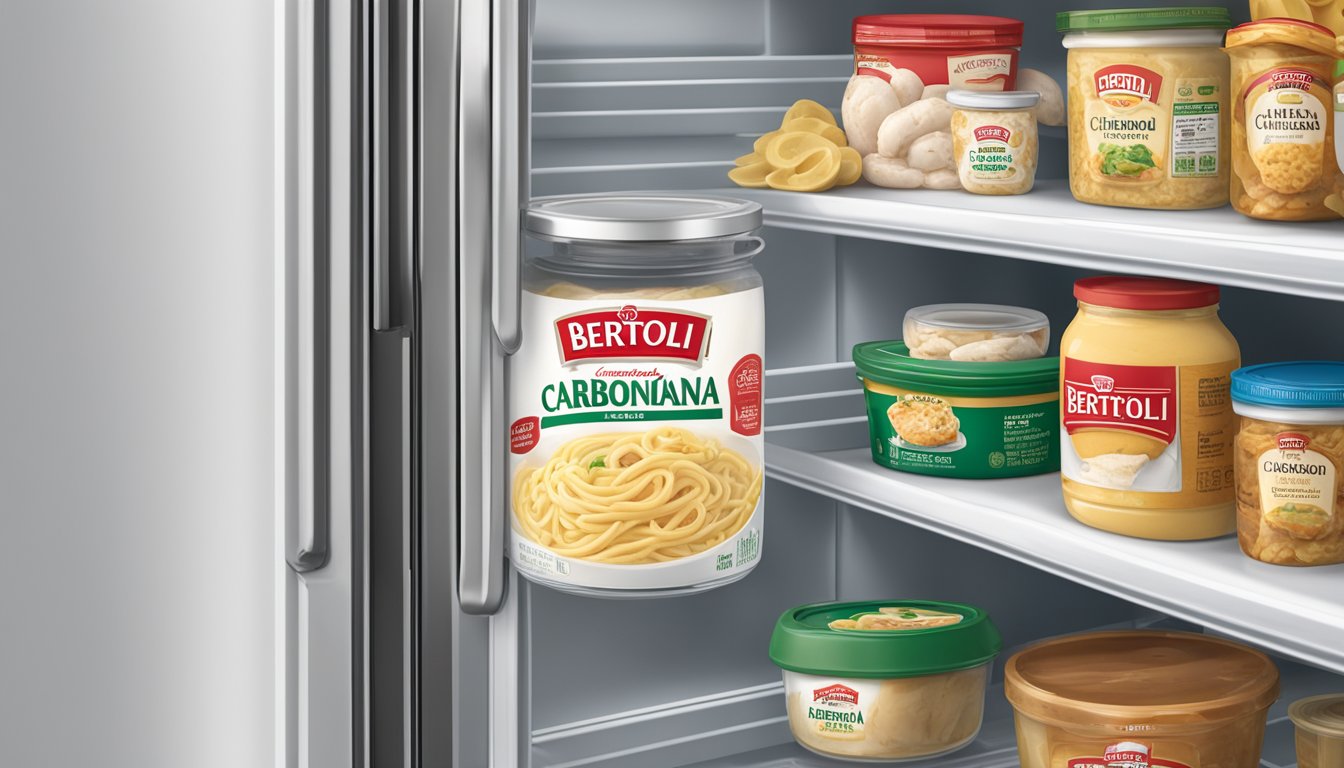 A sealed Bertolli Chicken Carbonara jar sits in a refrigerator next to other food items. The expiration date is clearly visible on the label