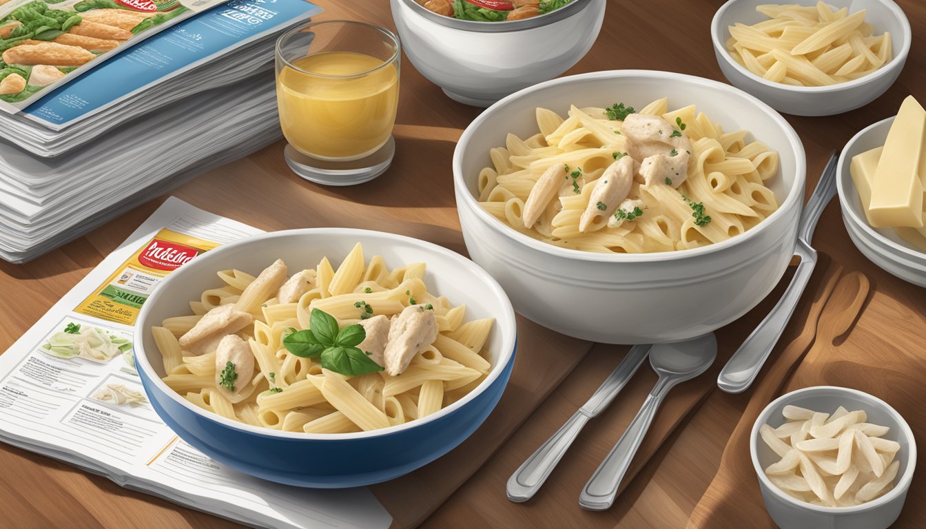 A bowl of Bertolli chicken alfredo penne sits on a kitchen table, surrounded by nutritional information and health magazines