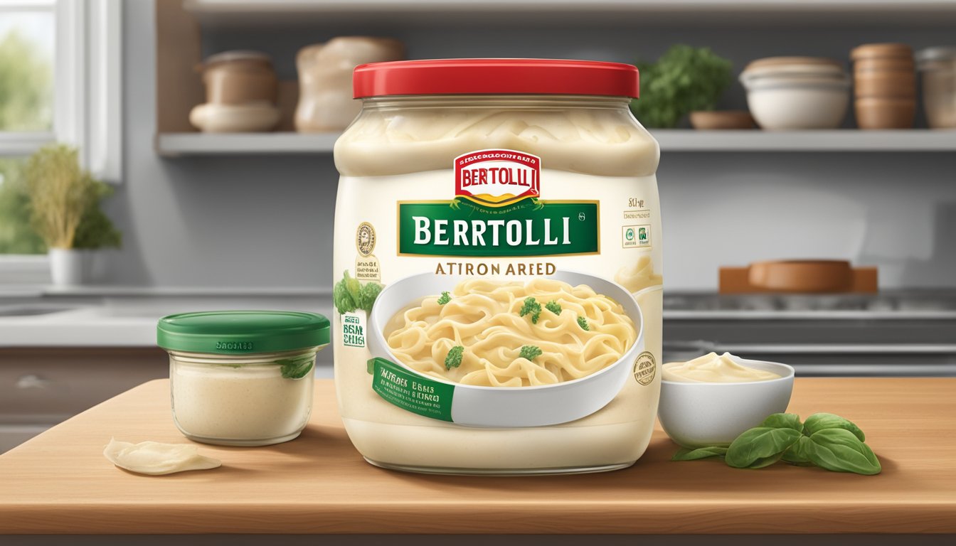 A jar of Bertolli chicken alfredo sits on a kitchen shelf, its expiration date visible. A few mold spots are forming on the lid