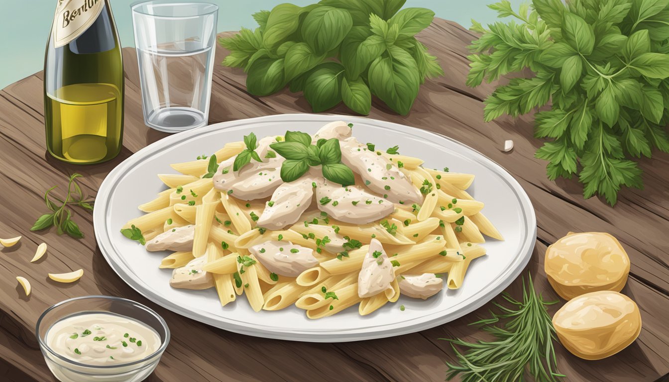 A steaming plate of Bertolli chicken alfredo penne sits on a rustic wooden table, surrounded by fresh herbs and a bottle of wine