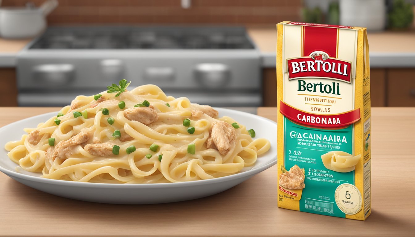 A sealed Bertolli chicken carbonara package sits on a kitchen counter, with a visible expiration date and a thermometer indicating safe storage temperature