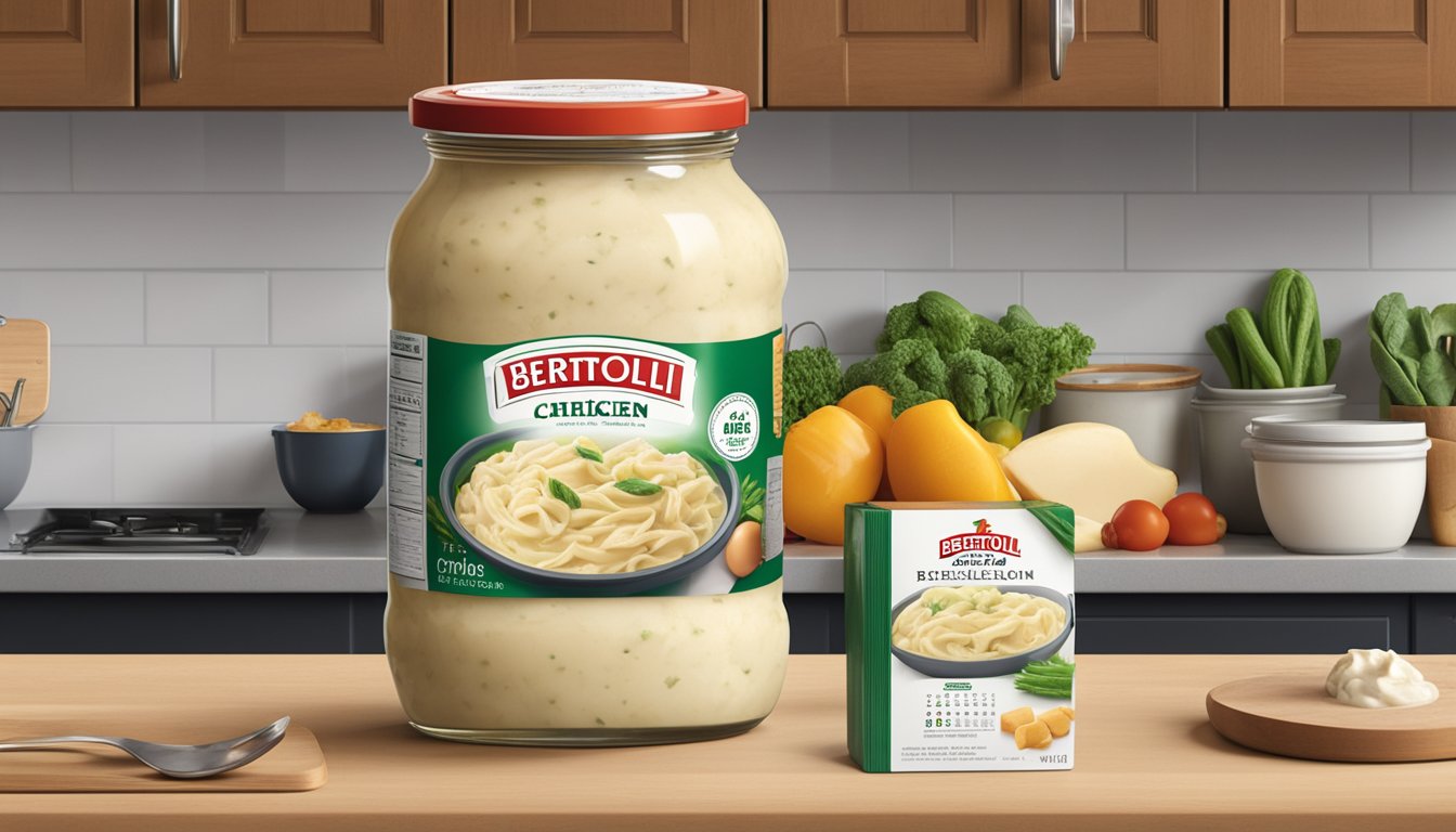 A jar of Bertolli Chicken Alfredo sits unopened on a kitchen counter, surrounded by fresh ingredients and a calendar with the date circled