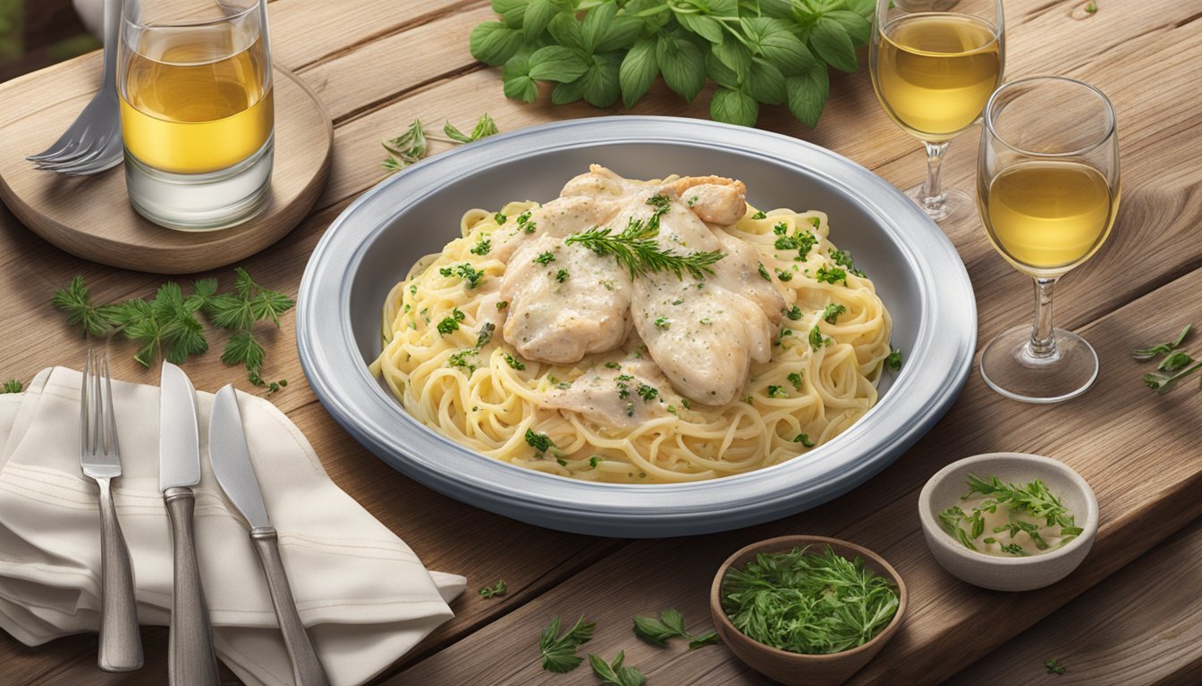 A steaming plate of Bertolli chicken carbonara sits on a rustic wooden table, surrounded by fresh herbs and a glass of white wine