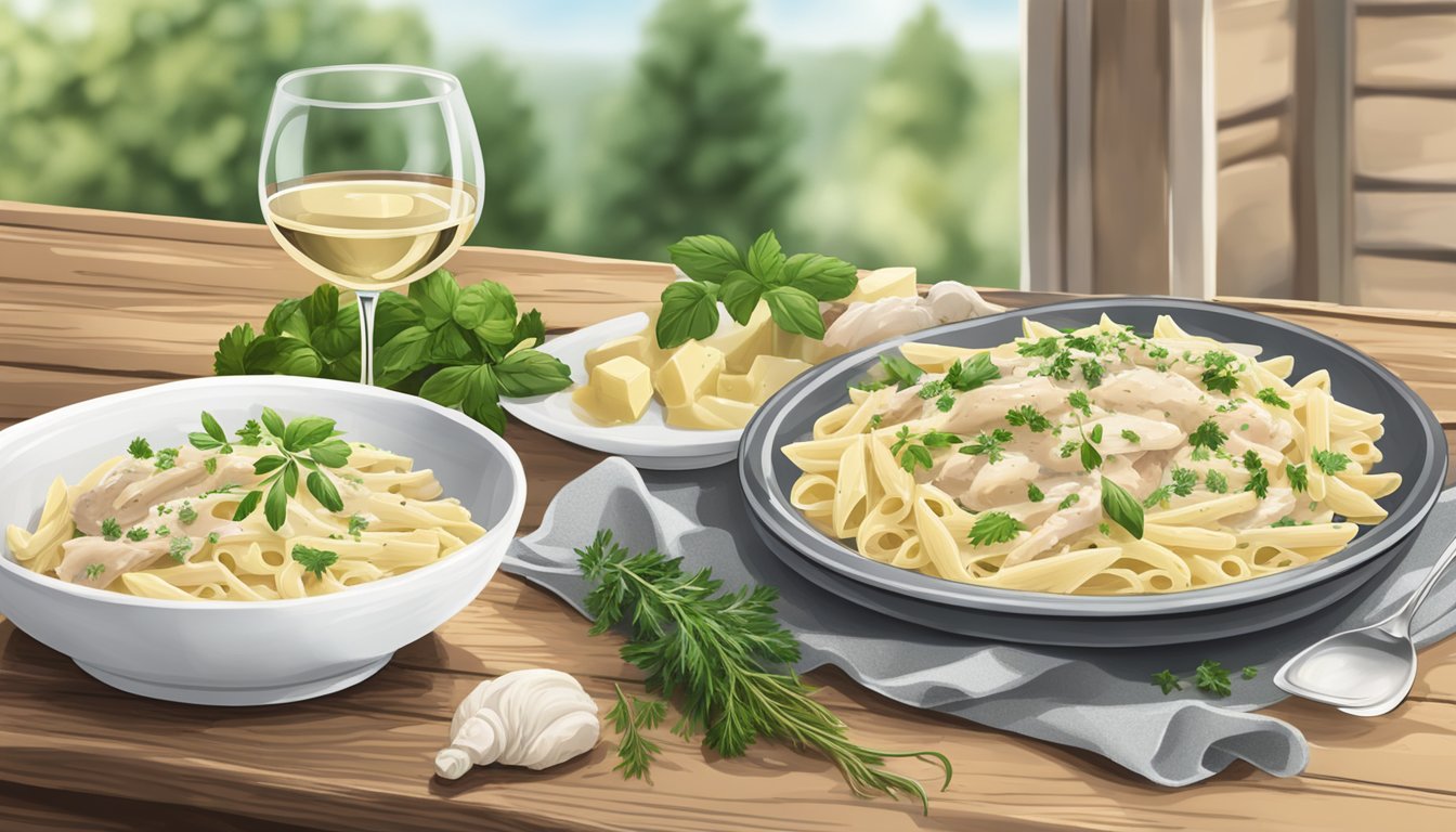 A steaming plate of Bertolli Chicken Alfredo Penne surrounded by fresh herbs and a glass of white wine on a rustic wooden table