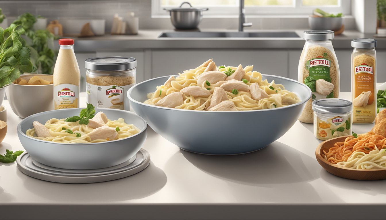 A steaming bowl of Bertolli chicken alfredo sits on a sleek, modern kitchen counter, surrounded by neatly organized containers of various sizes and shapes