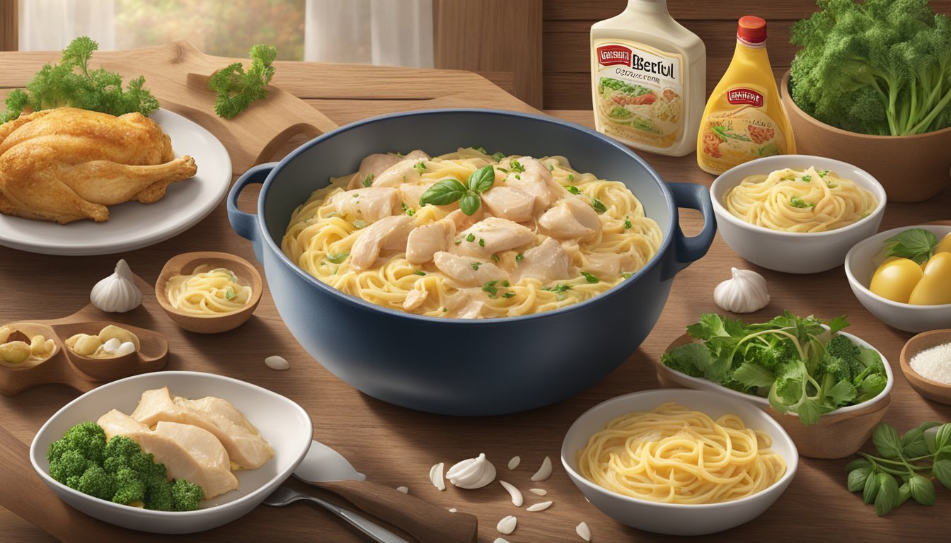 A steaming bowl of Bertolli chicken carbonara sits on a rustic wooden table, surrounded by fresh ingredients and the Bertolli product range