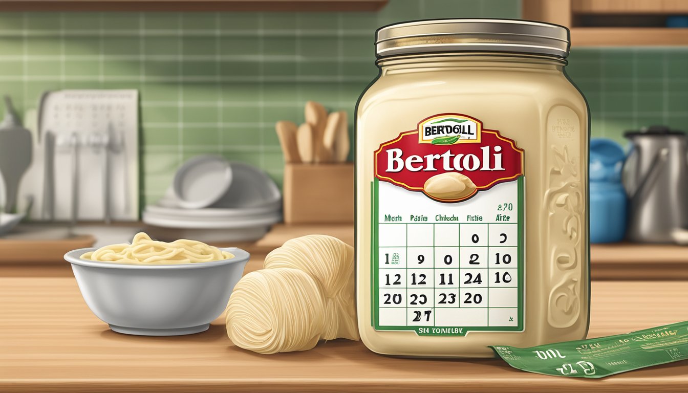 A sealed jar of Bertolli Chicken Alfredo sits on a kitchen shelf next to a calendar showing the current date and an expiration date several months in the future