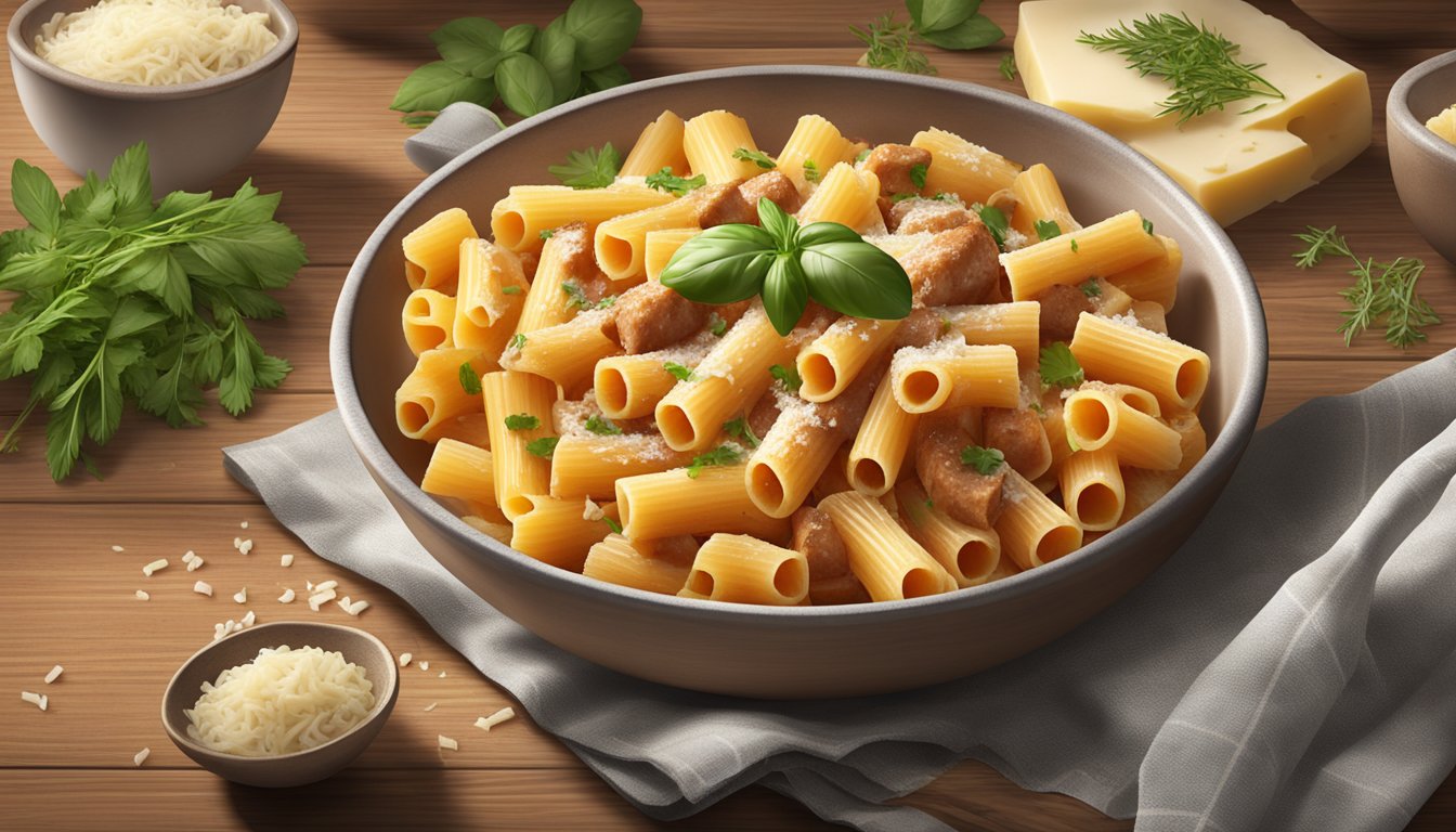 A steaming bowl of Bertolli Italian Sausage Rigatoni on a rustic wooden table, surrounded by fresh herbs and grated Parmesan cheese