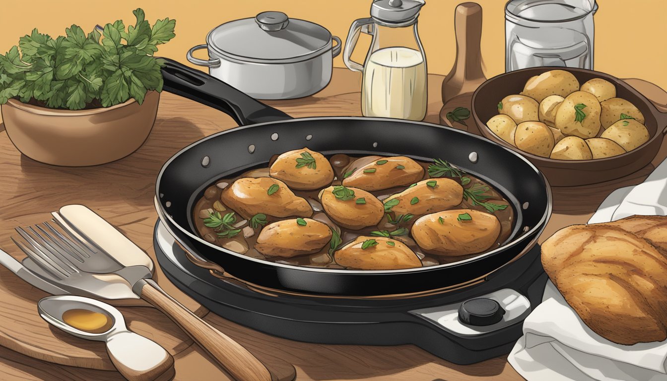 A skillet with chicken marsala and roasted redskin potatoes sizzling on a stovetop. Ingredients and utensils are arranged nearby