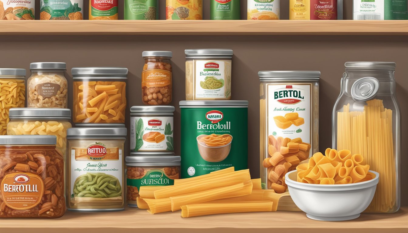 A pantry shelf with a sealed jar of Bertolli Italian sausage rigatoni pasta, surrounded by other dry goods and canned items